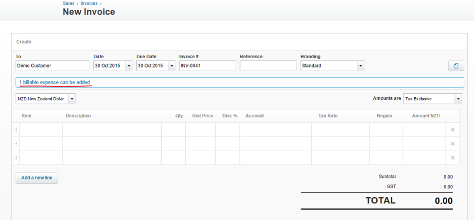 Xero one billable expense can be added